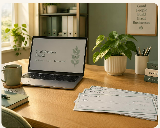 A tidy office desk with a laptop showing small business payroll, a plant, coffee and payroll checks